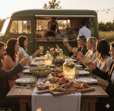 Invités trinquant près d’un food truck, idée pour mariage petit budget convivial