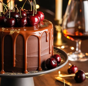 a cake with chocolate icing and cherries on top of a cake