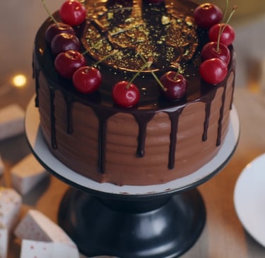 a cake with chocolate icing and cherries on top of a cake