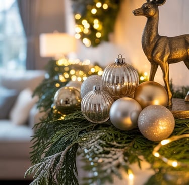 a deer statue is sitting on a mantle mantle