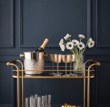 a bar cart with champagne flutes and champagne flutes
