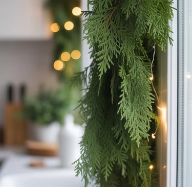 a christmas garland of lights and garland of lights on a kitchen counter