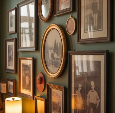 a wall of framed photographs of a family's family's photos
