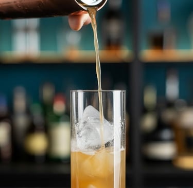 a person is pouring a drink into a glass