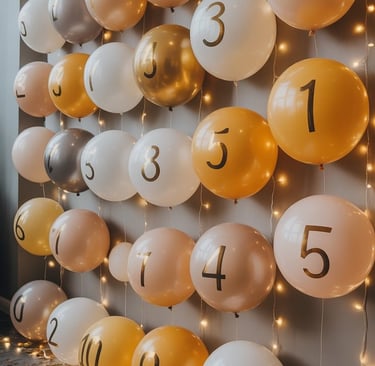 a number of balloons and balloons are arranged on a wall