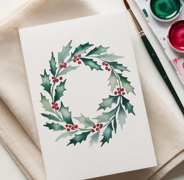 a christmas card with a watercolor painting of a wreath