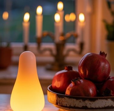 a bowl of fruit and candles on a table