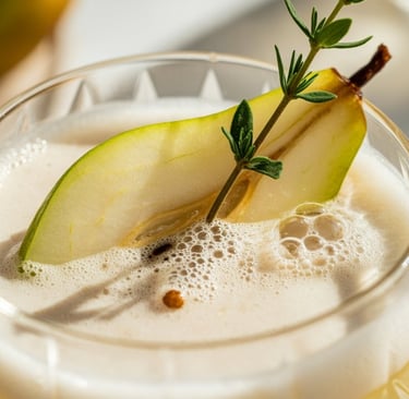 a glass of wine with a pear on it