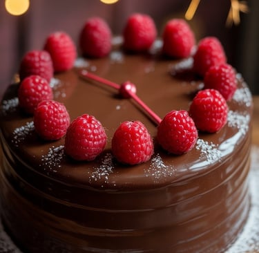 a chocolate cake with raspberries on top of a wooden table