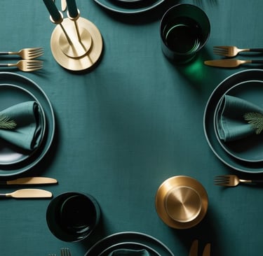 a table setting with a green table cloth