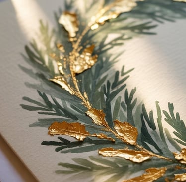 a close up of a painting of a wreath of leaves