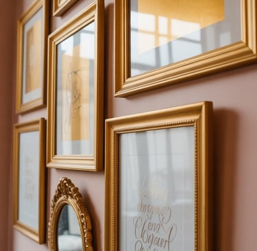a wall of gold framed frames with a mirror