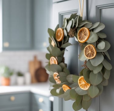 a wreath of oranges and eucalyptus leaves on a kitchen counter