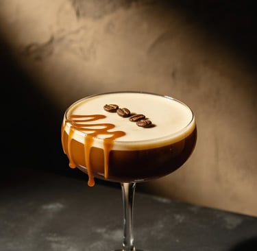 a cocktail with a caramel on a glass of coffee