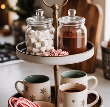 a three tiered tray with coffee cups and candy canes