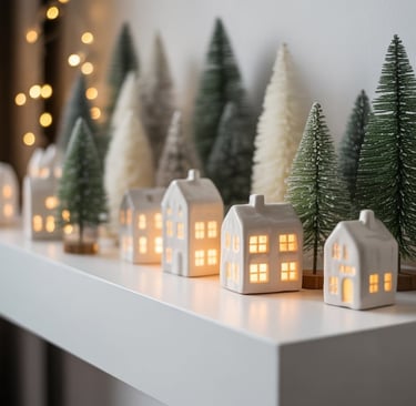 a row of small christmas trees on a shelf