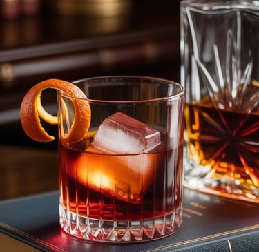 a glass of whiskey with a book and a book