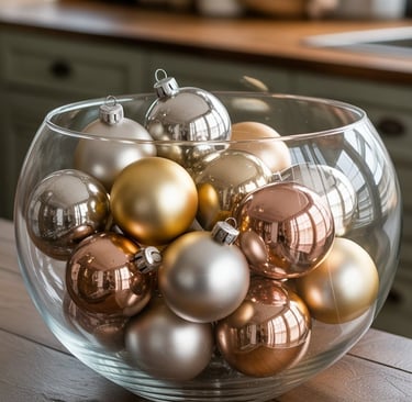 a bowl of ornaments on a table in a kitchen
