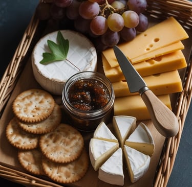 a basket weave basket with cheese and crackers