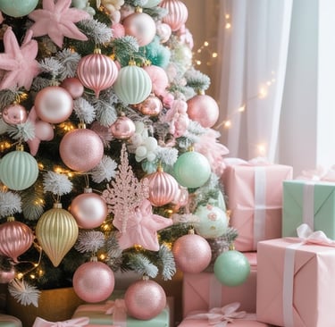 a christmas tree with pink and green ornaments