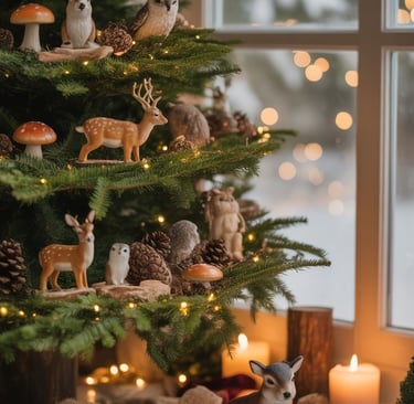 a christmas tree with a dog and a candle and woodland animals