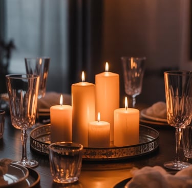 A cozy winter dinner table illuminated by soft candlelight and fairy lights, creating a golden, inti