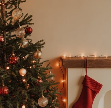 a christmas tree with a red stocking and a fireplace