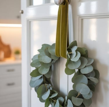 a wreath of eucalyptus leaves on a door