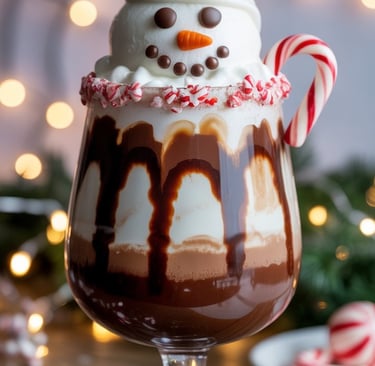 a chocolate milkshake with a snowman in the background