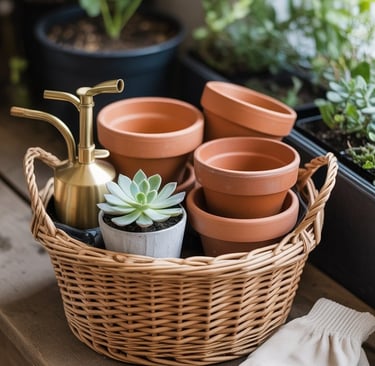 a basket with potsted plants and gardening tools
