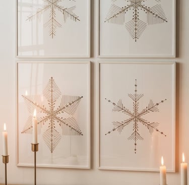 a table with candles and winter wall art prints