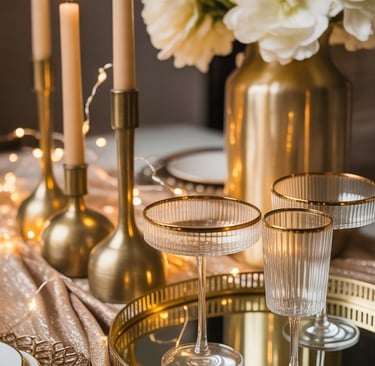 a table with a gold plated table setting