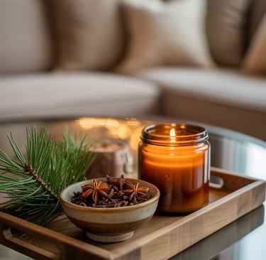 a candle with pine cones and candles on a table