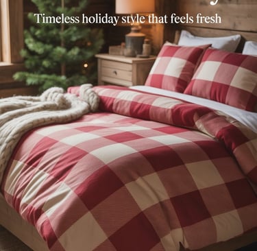 a bed with a red and white checkered comforter
