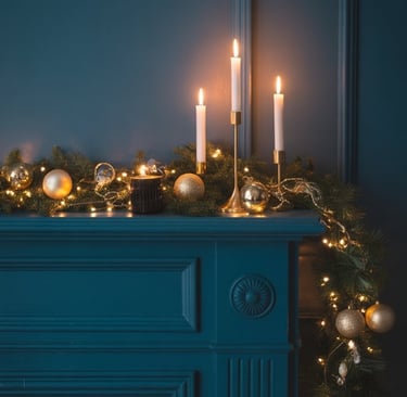 a fireplace with candles and christmas decorations on it