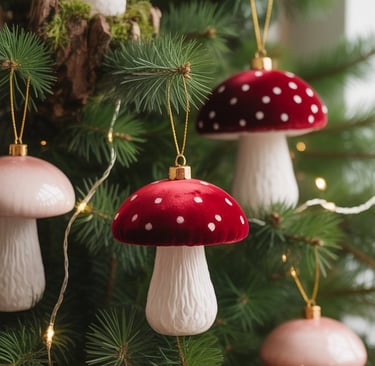a christmas tree with red and white mushrooms and mushrooms