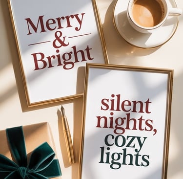 a cup of coffee and a gift box and christmas typography posters