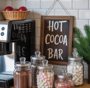 a kitchen counter top with a sign that says hot chocolate