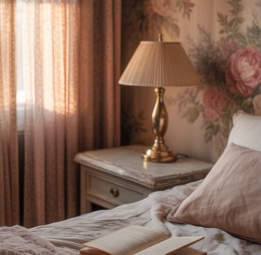 a book is open on a bed with a lamp and botanical vintage wallpaper
