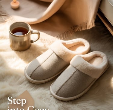 a pair of slippers with a cup of coffee and a mug of coffee