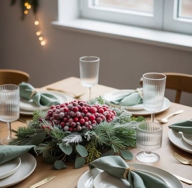 a table setting with a holiday centerpiece