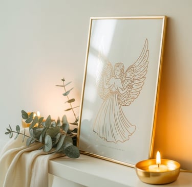 a candle with a candlelight on a shelf and golden angel wall art printable