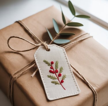 a gift wrapped in brown paper with a christmas tree