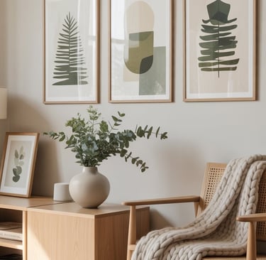 a living room with a chair and a table and scandinavian wall art prints