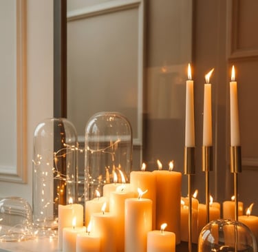 candles and candles are lit up on a mantle