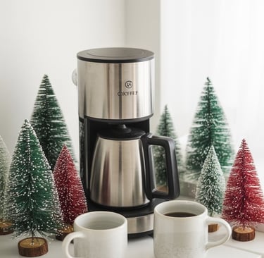 a coffee maker with coffee cups and christmas trees