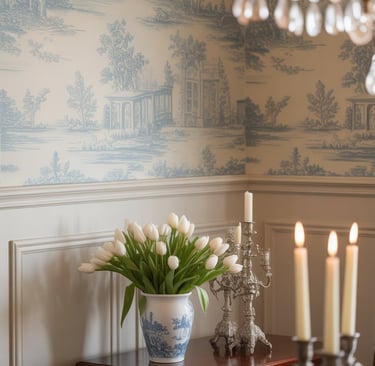 a table with candles and vintage wallpaper