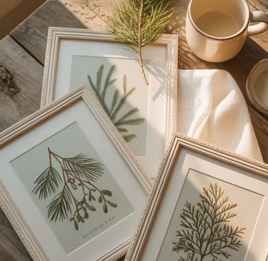 a table with a cup of coffee and a mug and winter posters in frames