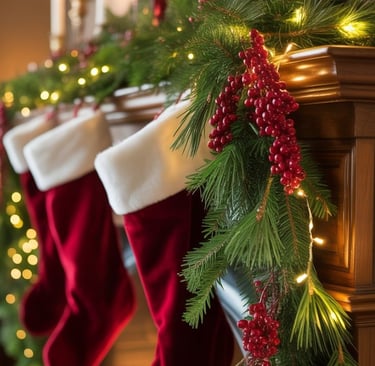 a christmas tree with stockings hanging from a mantle