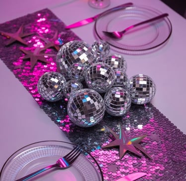 a table setting with disco ball decorations